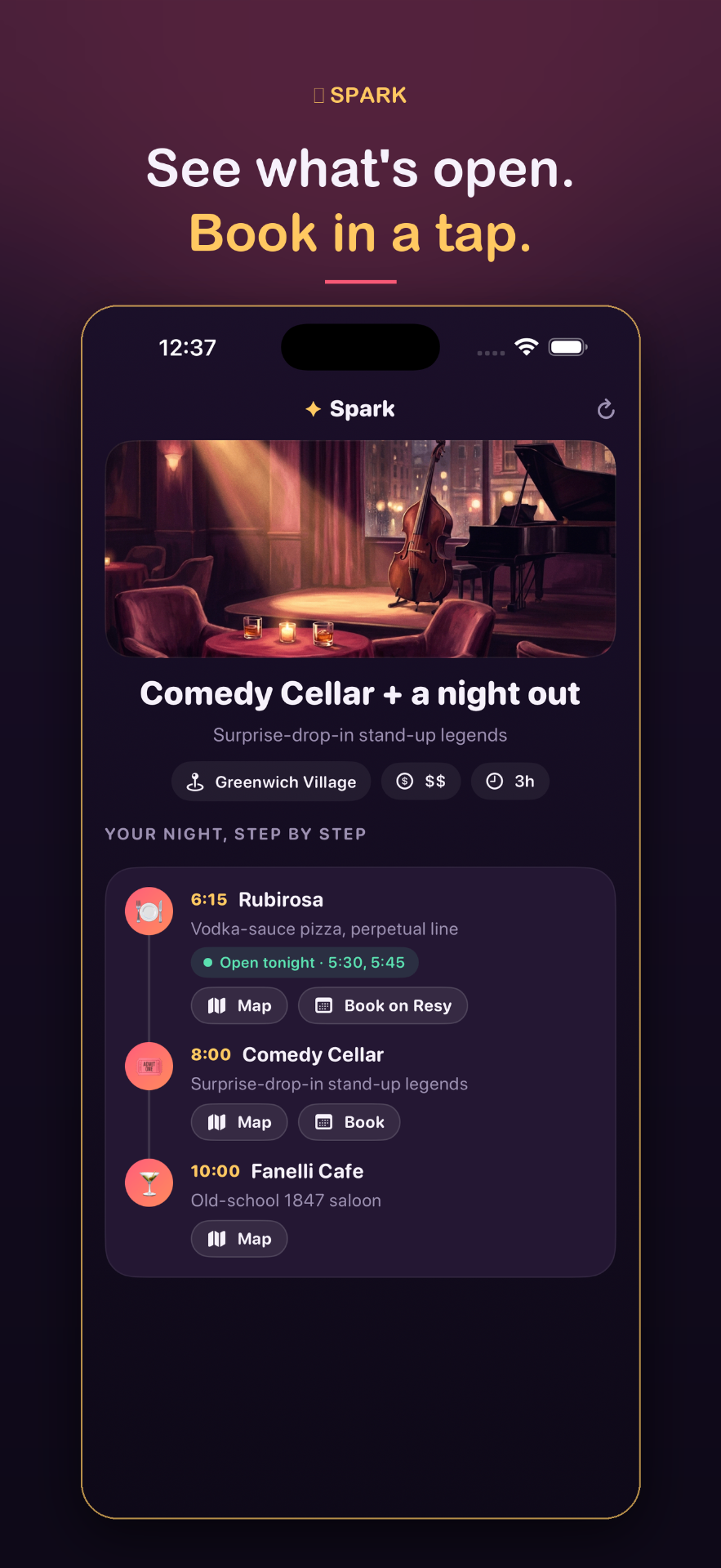 Spark plan screen — Comedy Cellar night with live booking availability