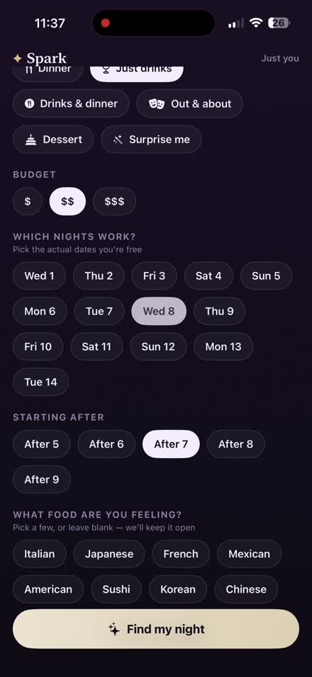 Tell Spark your vibe — budget, nights that work, timing