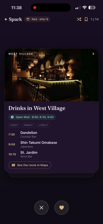 Swipe NYC plans together — Drinks in West Village with live times